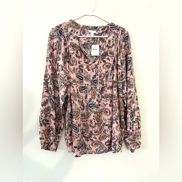 NWT J. Jill Long Sleeve V-neck Blouse Floral Paisley Pink Blue Boho Size M - Picture 1 of 7